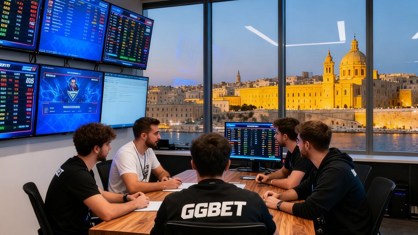 GGBET马耳他总部办公室内景，墙上排列着多块高清显示屏实时滚动全球各大电竞赛事的比分与数据，五位团队成员围坐在会议桌前讨论数据归档方案，窗外可见瓦莱塔古城的天际线。